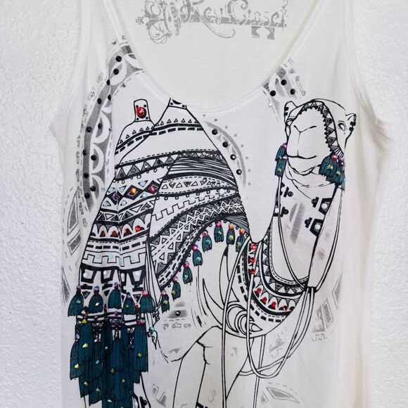 Key Closet Top Womens XS Camel Swarovski Crystal Rhinestone Tank Tee Shirt White - Picture 2 of 10